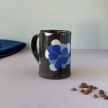 Load image into Gallery viewer, Mug: Black Ceramic with Blue Flower