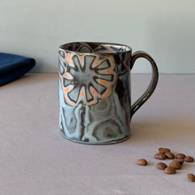 Load image into Gallery viewer, Black and Blue Mug with Abstract Flower