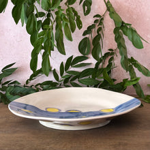 Load image into Gallery viewer, A shallow white ceramic plate with blue and yellow painted patterns, displayed on a wooden surface against a pink wall with green leafy branches hanging behind it.
