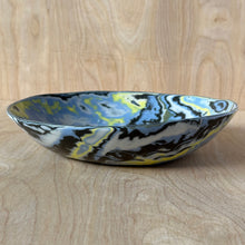 Load image into Gallery viewer, Decorative bowl with blue, yellow, and black pattern on a wooden surface
